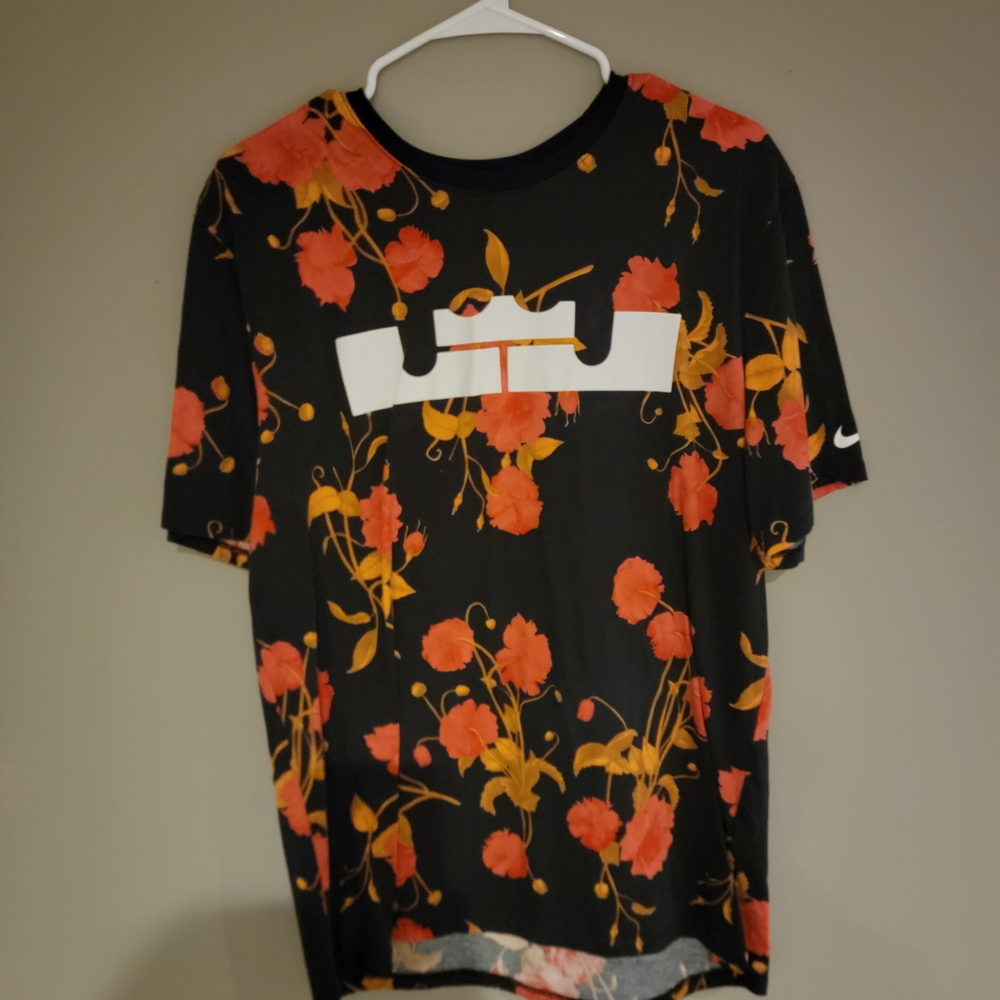 King James Nike Black Tee with Red and Yellow Floral Print